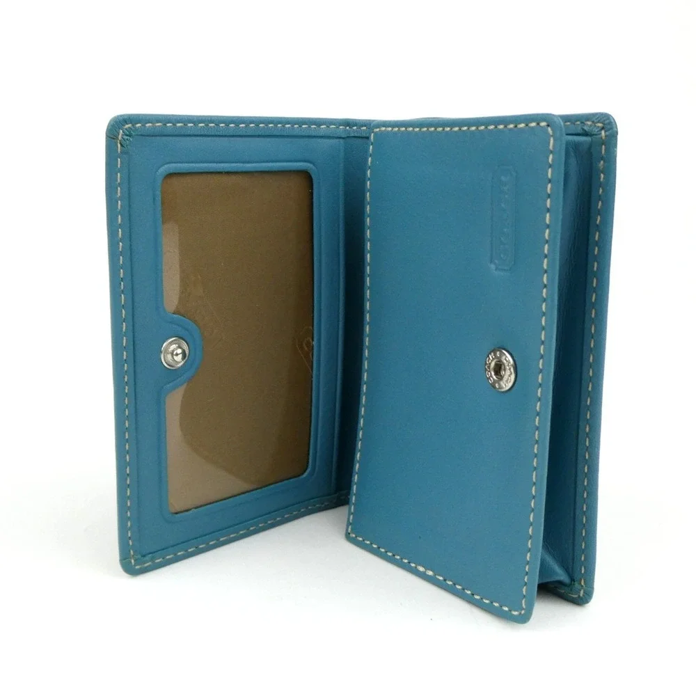 Coach Signature Khaki Teal Leatherware Bifold Card Case Wallet